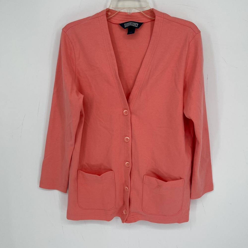Lands' End Women's Coral Pink Cotton Button Front Pocket Cardigan Sweater Size M